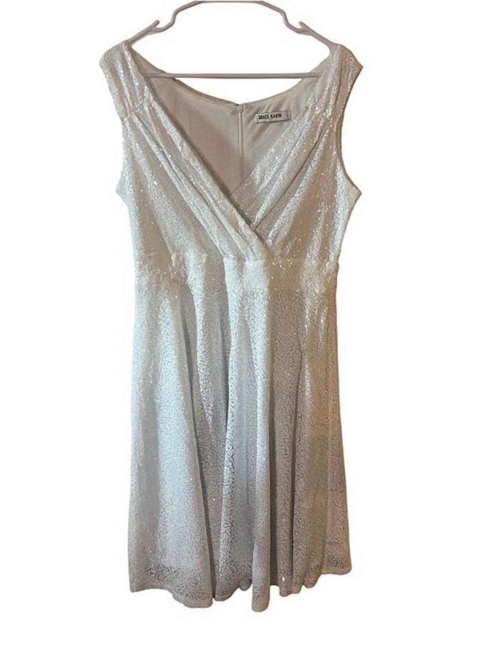 Grace Karin Silver Lace V-Neck A-Line Cocktail Dress